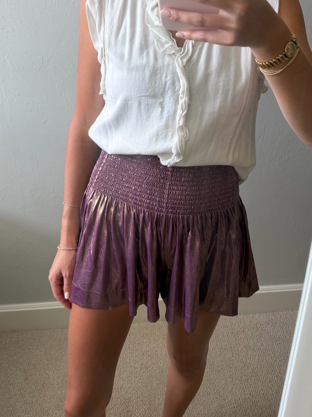 QUEEN OF SPARKLES Metallic Purple Smocked Waist Skort